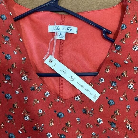 She + Sky Women SZ Large Maroon Floral Multi Mini Dress-Bell Sleeve-Pullover - Picture 4 of 13